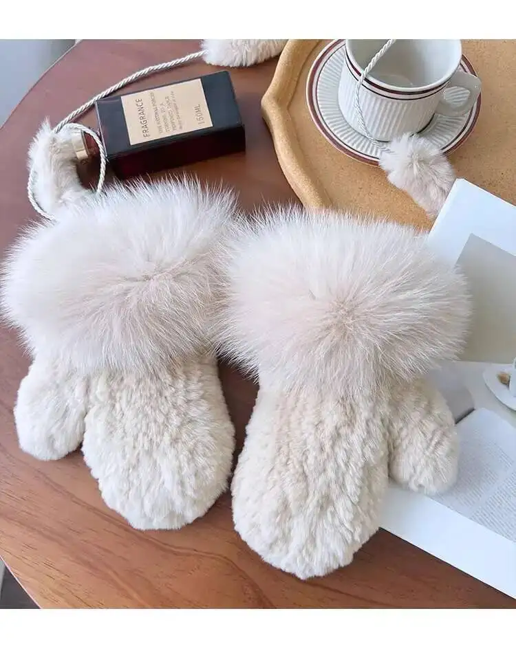 Real Rex Rabbit Fur Gloves For Women Winter Plush Thickened Warm Real Fur Gloves Handmade Knitted Fur Gloves Keep Warm Mittens
