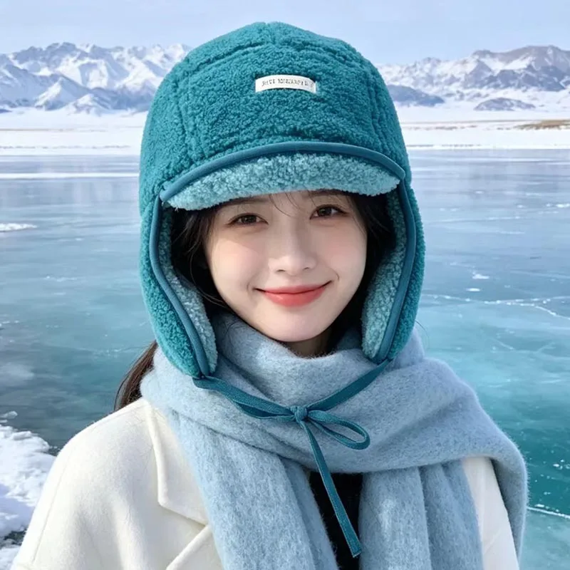 Winter Simple Plush Ear Protector Pilot Caps Outdoor Cycling Lamb Wool Warm Windproof Lace-up Bomber Hats for Men and Women