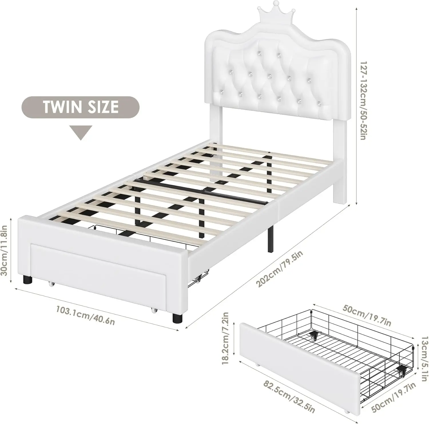 Twin Upholstered LED Bed Frame with Storage Drawer, Leather Princess Platform Bed with Adjustable Crystal Button Tufted Crown