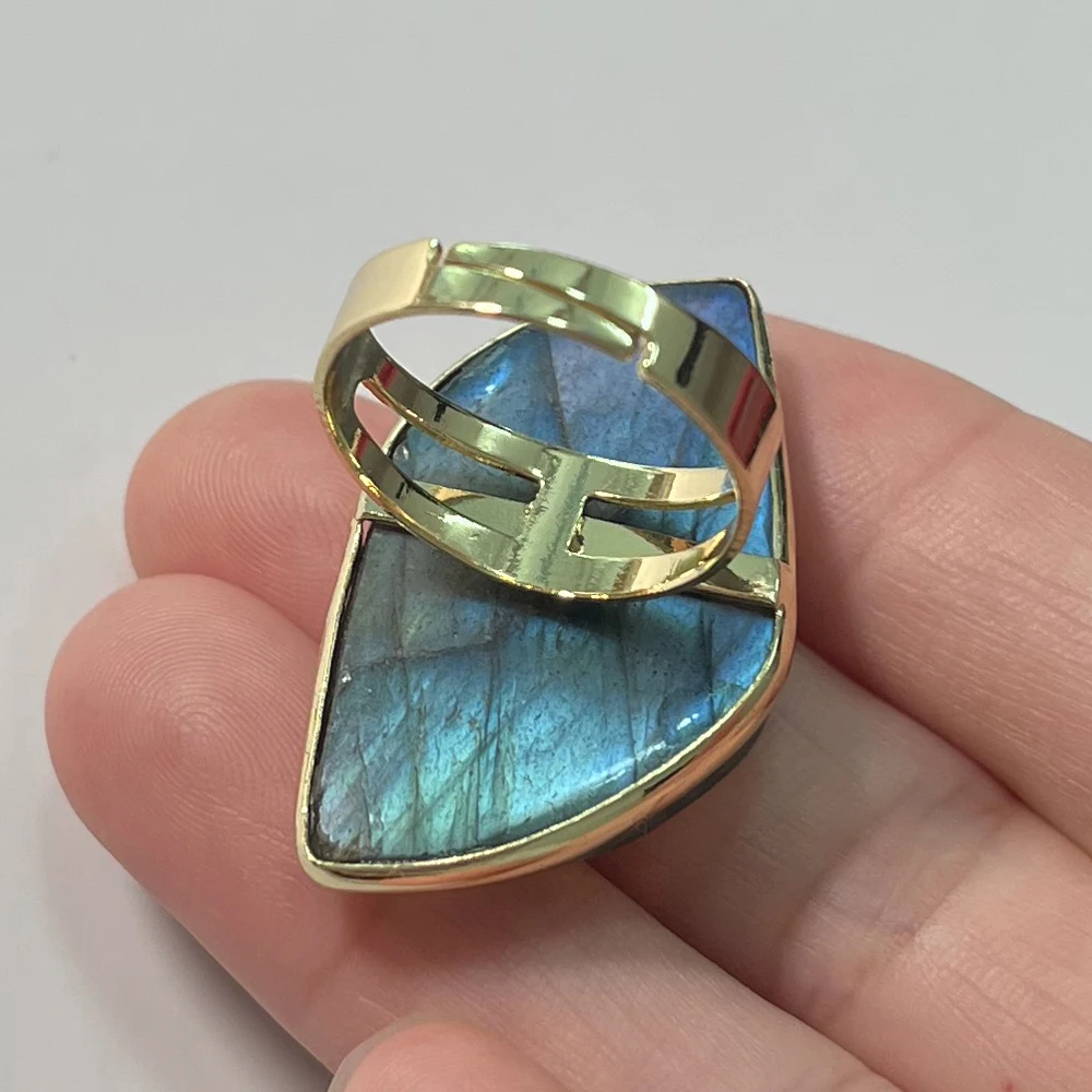 1Pcs Adjustalbe 7-9 Gold Color Ring for Women Men Round Circle Irregular Shape Bead Natural Stone Blue Labradorite Finger Ring