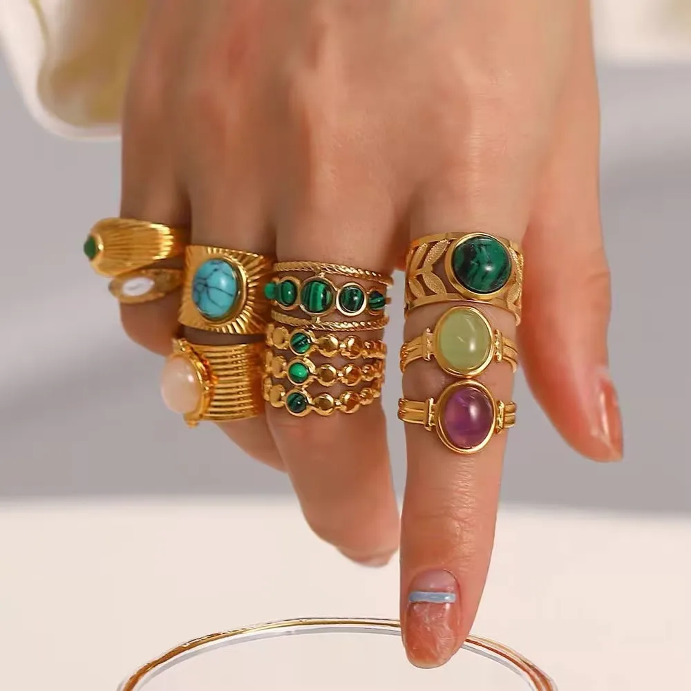 ASONSTEEL Retro Stainless Steel Green Natural Stone Rings Women Luxury Gold Plated Charm Texture Open Ring Trendy Jewelry Gift