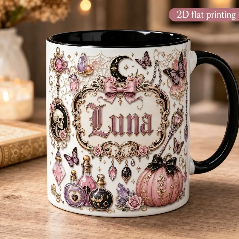 1pc 2D Print Pink Gold Sweet Cool Magic Custom Name Mug Butterfly Pumpkin Potion Bottle Skull Gothic Coffee Cup