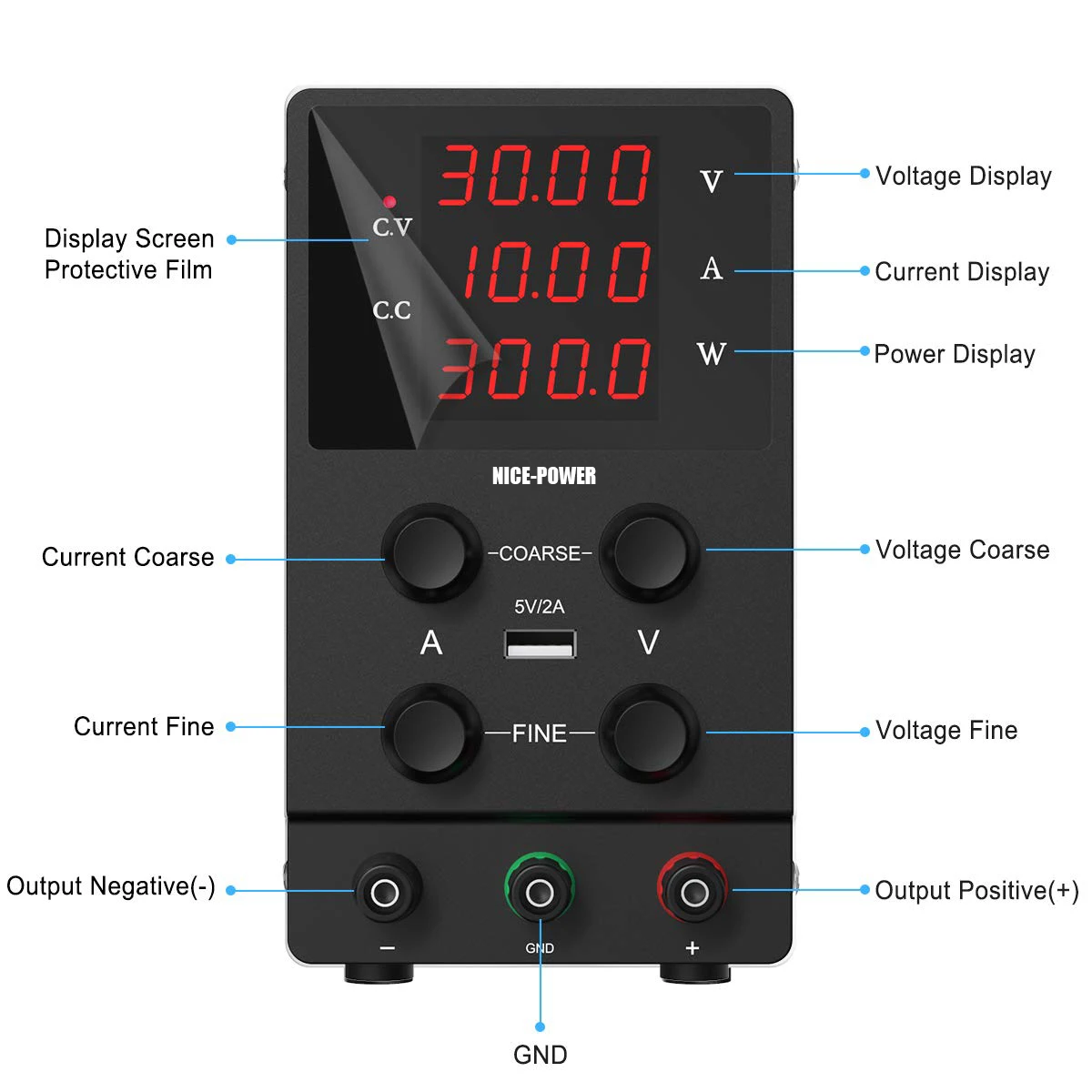 High Precision 4-Digits LED Display 30V 10A Adjustable Switching Regulated DC Bench Linear Power Supply with 5V/2A USB Port