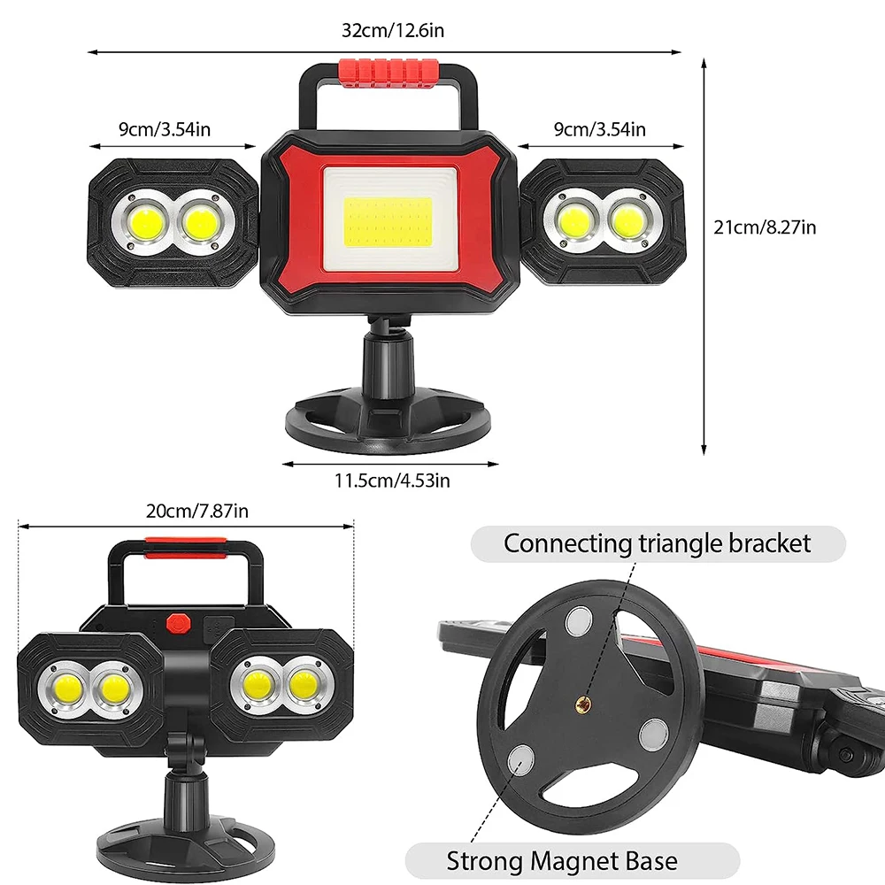 Luz de trabajo recargable de 4400mAh, LED COB súper brillante, luz de trabajo magnética giratoria, portátil, impermeable, iluminación de sitio de trabajo al aire libre