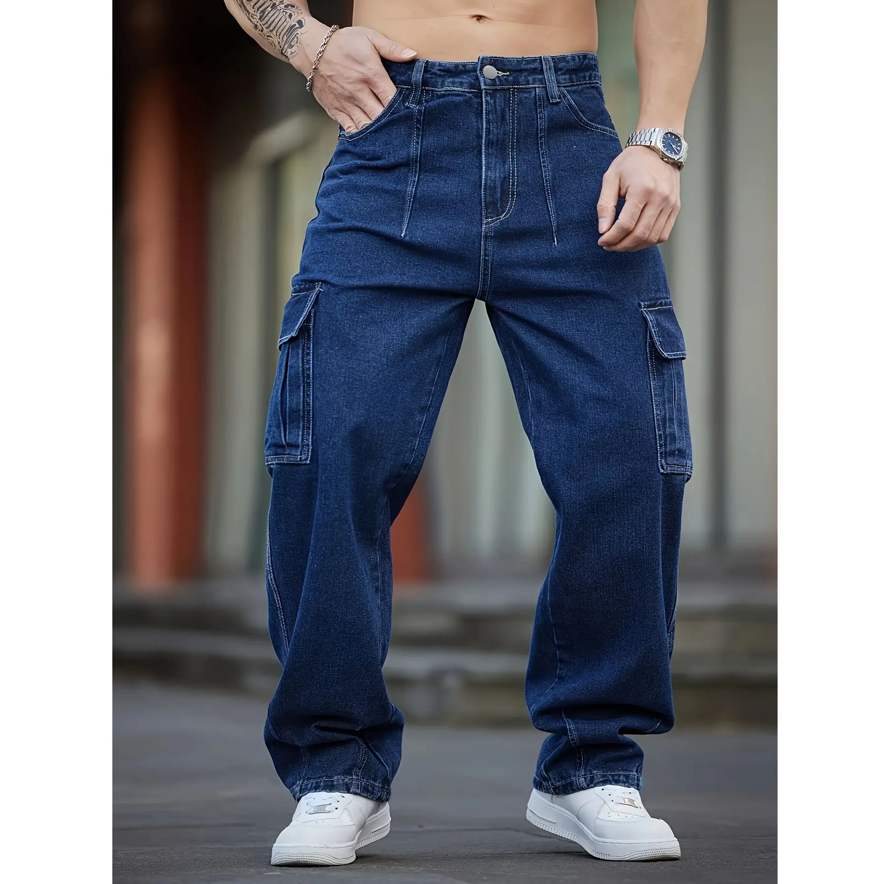جينز رجالي للربيع والخريف مغسول باللون الأزرق الداكن بأرجل مستقيمة، تصميم كاجوال متعدد الجيوب، سروال فضفاض واسع الساق كبير الحجم