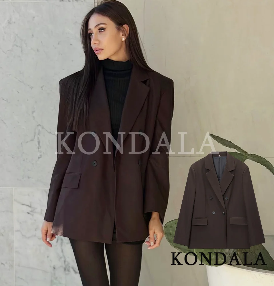 KONDALA Elegant Commute Double Breasted Blazer Women Trendy Vintage Brown Blazer with Shoulder Pads 2026 Spring Chic Lady Blazer