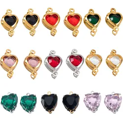 10pcs Glass Heart Pendants Base Stainless Steel Double Hole Colorful Crystal Charms Connector for DIY Necklace Jewelry Makings