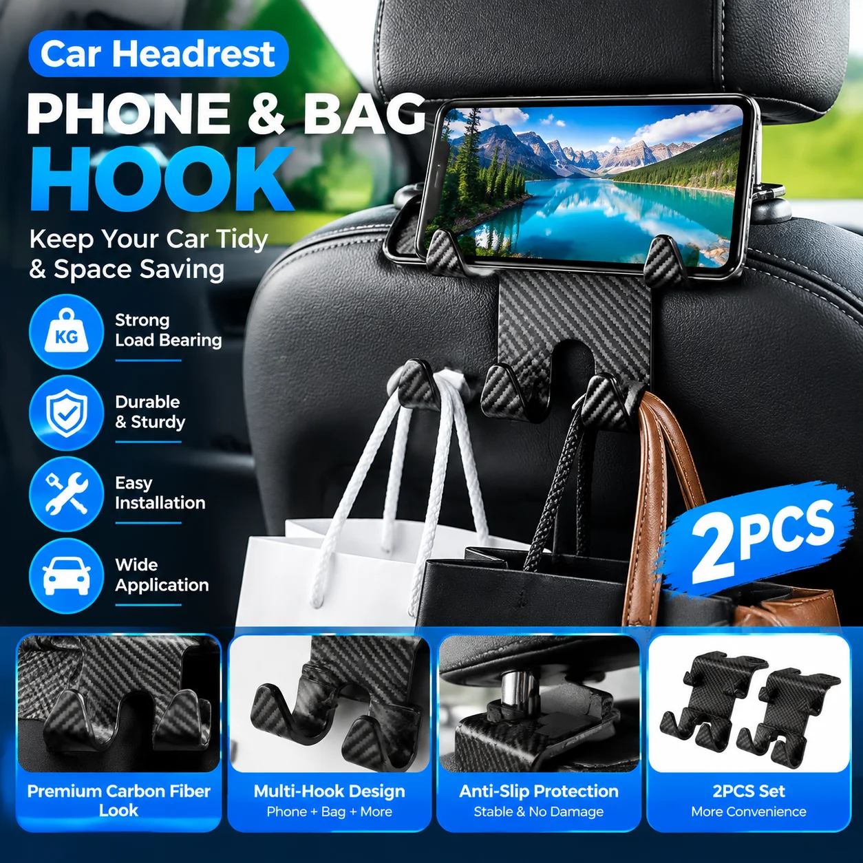 Car Seat Headrest Hook Carbon Fiber Universal Mobile Phone Holder Vehicle Holder Handbag Purse Coat Car Interior Accessories Hot