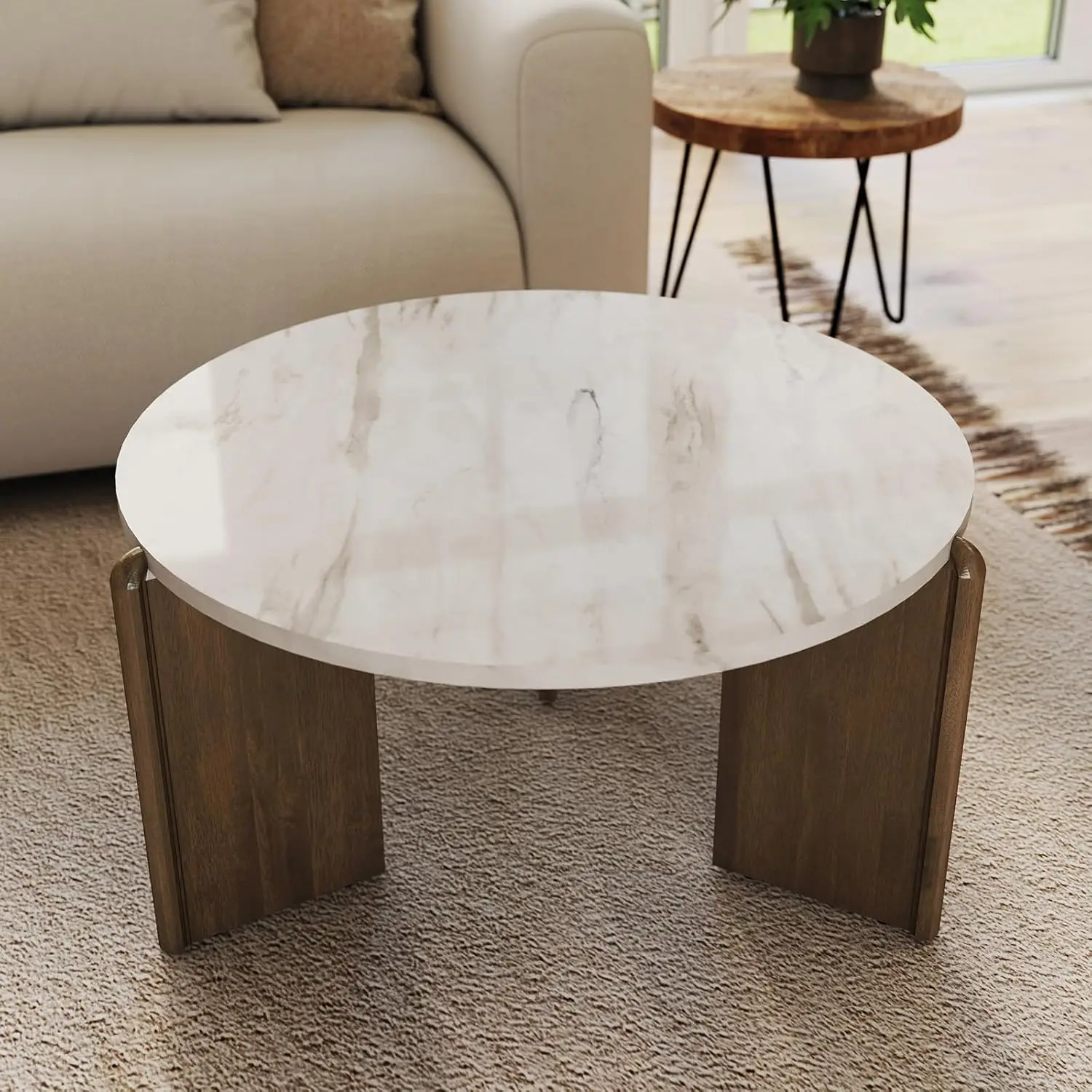 

Travertine Marble Texture 31.5in Round Coffee Table Low Center Accent 3-Leg Living Room Apartment, Customized