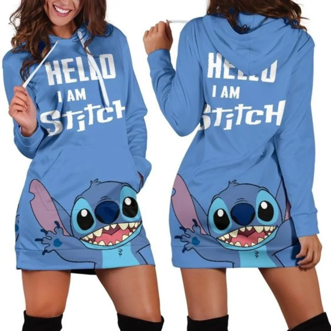 New Disney Stitch Hoodie Dress Sweater Fashion y2k Dress Sweatshirt Dress 3d Allover Printed Hoodie for Women#01