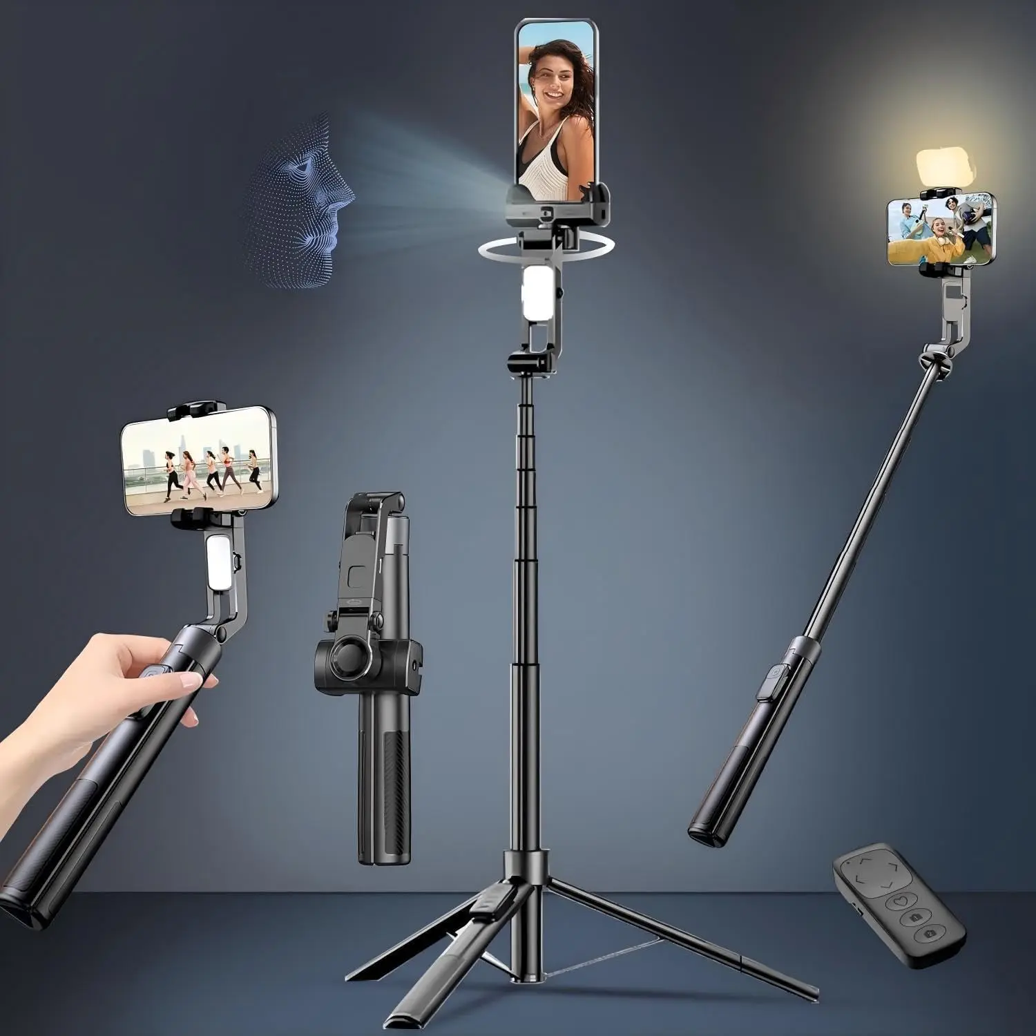 

71" Selfie Stick Tripod for iPhone/Android, Auto Face Tracking Tripods with Light, Upgrade Strong Gimbal Stabilizer 360