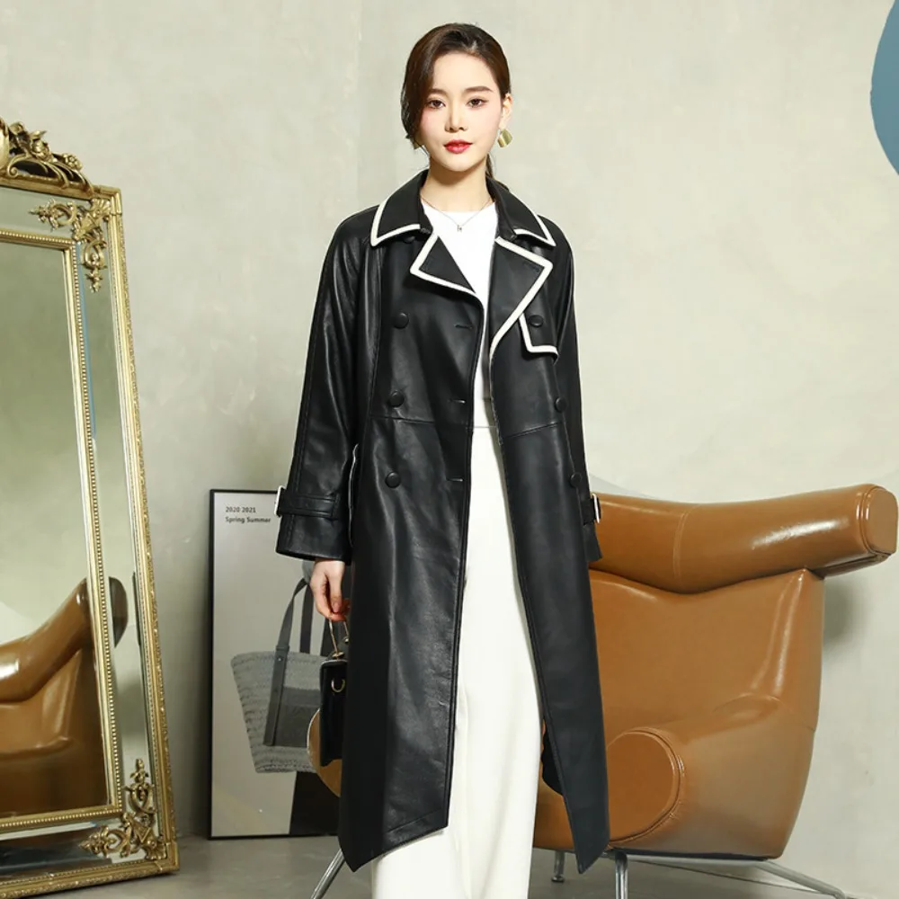 2025 New Spring Autumn Genuine Leather Jacket Women Long Sheepskin Trench Coat Slim Fit Outerwear