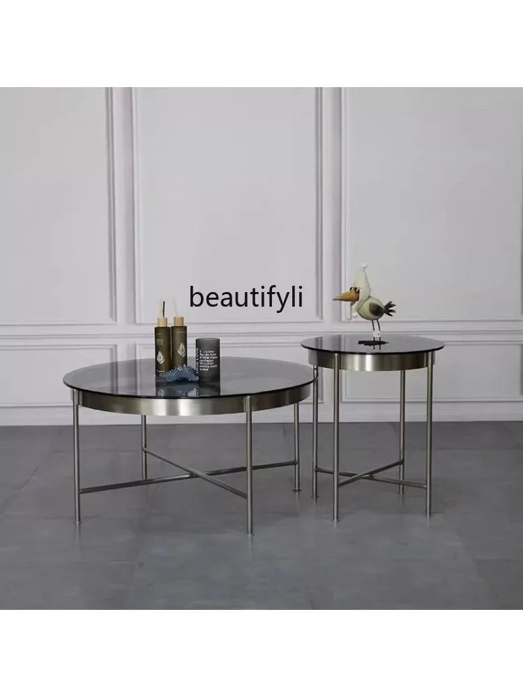 4yj15노르딕 라이트 럭셔리 원형 심플 모던 스테인리스 강화유리 커피 테이블 거실 가구 세트