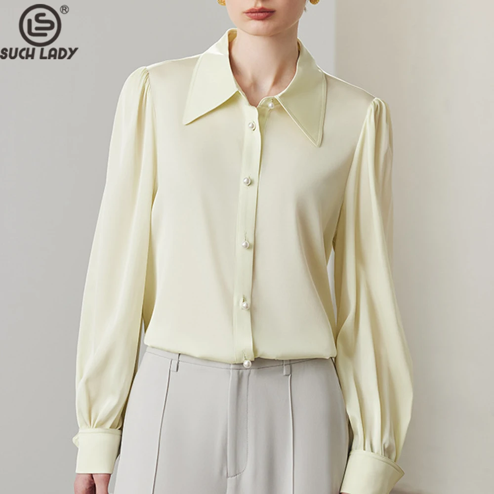 95% Silk 5% Spandex Women's Shirt Turn Down Collar Long Sleeves Elegant Fashion Blouse Tops