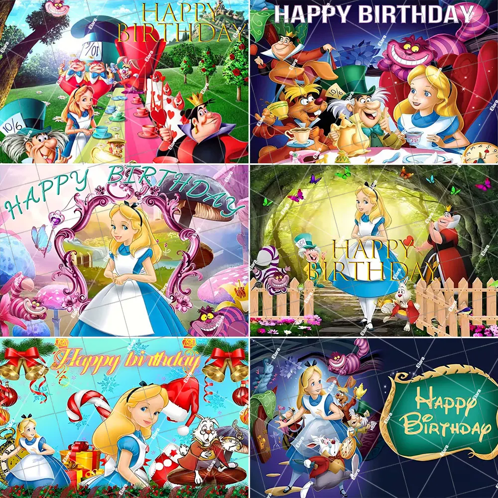 

Disney Enchanted Forest Alice in Wonderland Birthday Tea Party Decor Girl And Rabbit Flower Pocket Watch Backdrop Banner Props