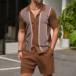 Summer New Ice Silk Knitted Sets Men's Casual Jacquard Short-sleeved Polo Shirt and Shorts Two Piece Sets Men Business Slim Suit