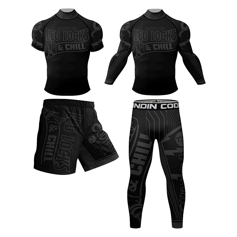 Cody Lundin Men's Black Sublimation Digital Print MMA BJJ Rashguard Anti-Shrink Kickboxing Bodybuilding Jiu Jitsu Gi 4PCS/Sets