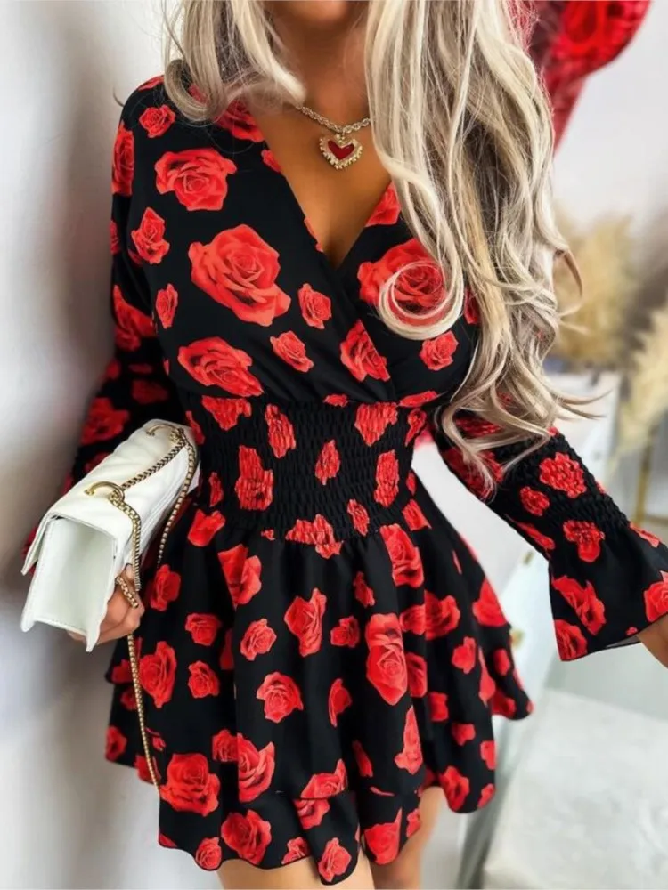 

Sexy V-neck Flare Sleeve Short Dresses For Women Fashion New Denim Floral Print Elastic Waist Shirred Ruffles Hem Party Dress