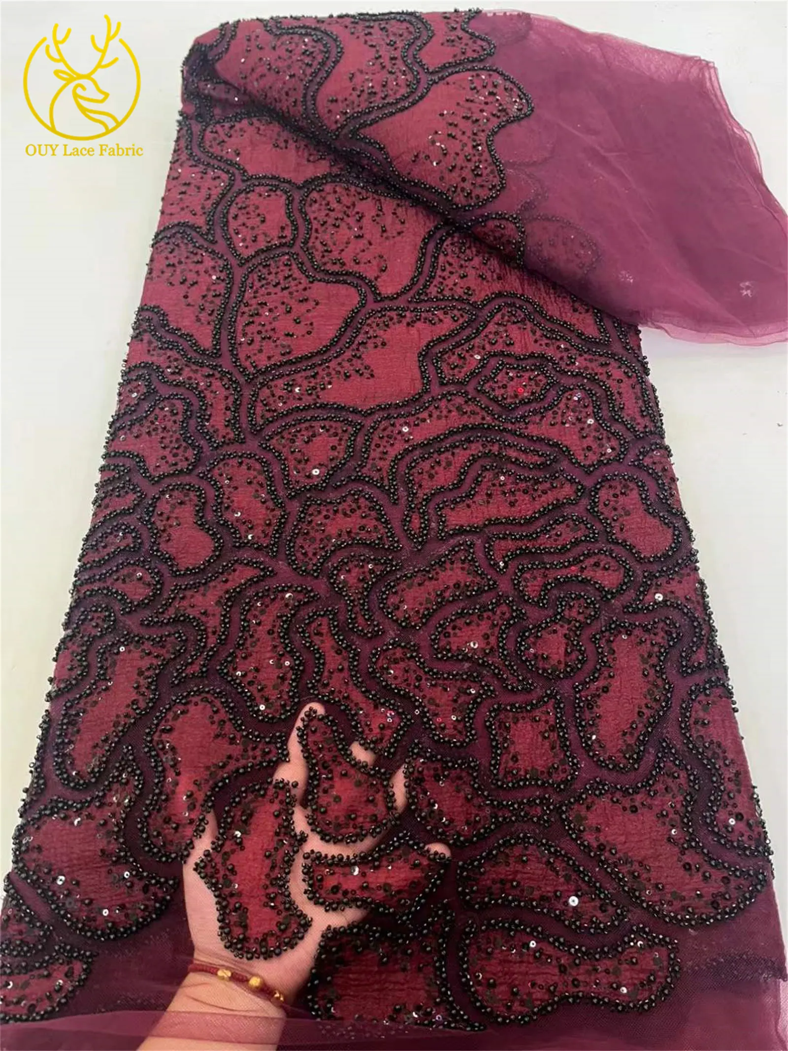 高級ナイジェリア産アフリカビーズレース生地2025高品質フランススパンコール刺繍レース生地、婦人服縫製用