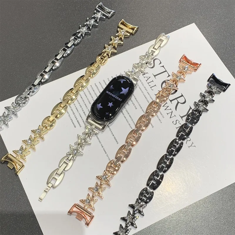 Sparkling Star Diamond Metal Bracelet Strap for Xiaomi Mi Band 10 9 8 Bling Rhinestone Jewelry Chain for Apple Watch Series 11-1