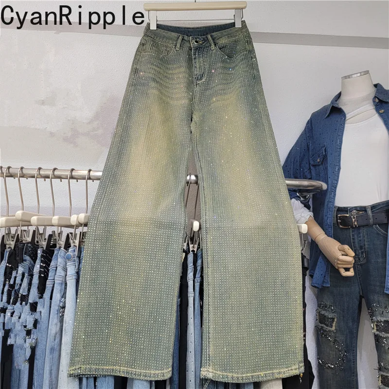 

Shiny Full Diamonds Hot Drilling Wide Leg Women Denim Pants New Spring Autumn Mopping Floor High Waist Casual Straight Jeans
