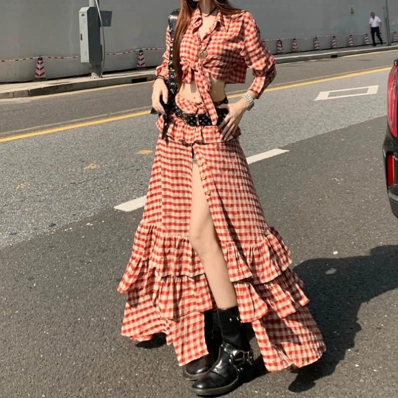 

Big Skirt, Red Plaid Skirt, Printed Ruffle Outfit, Top, Skirt, Two-piece Set for Women