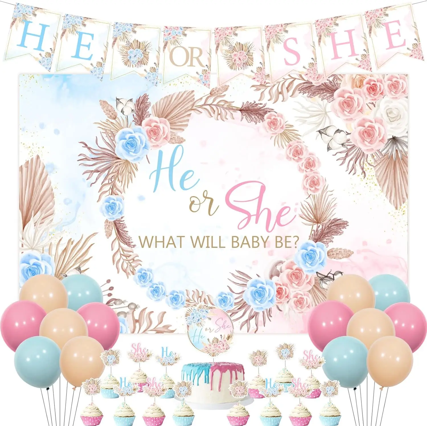 

Pampas Grass Gender Reveal Decor Boho He or She Banner Pampas Grass Backdrop Cake Cupcake Topper for Gender Reveal Supplies