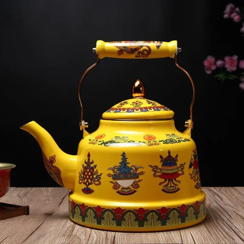 Enameled Teakettle with Ceramic Handle,Tibet good luck yellowTea Kettle for Stovetop/induction cooke Hot Water No Whistling 2.4L