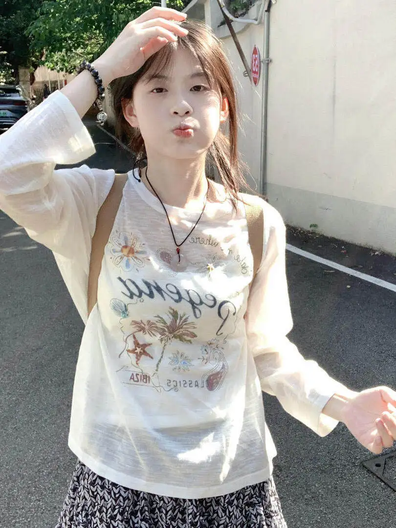 Korean Sweet White Semi-Transparent Long Sleeve Cover up Women's Summer Thin Casual Loose Feeling Leisure Top UV Protection