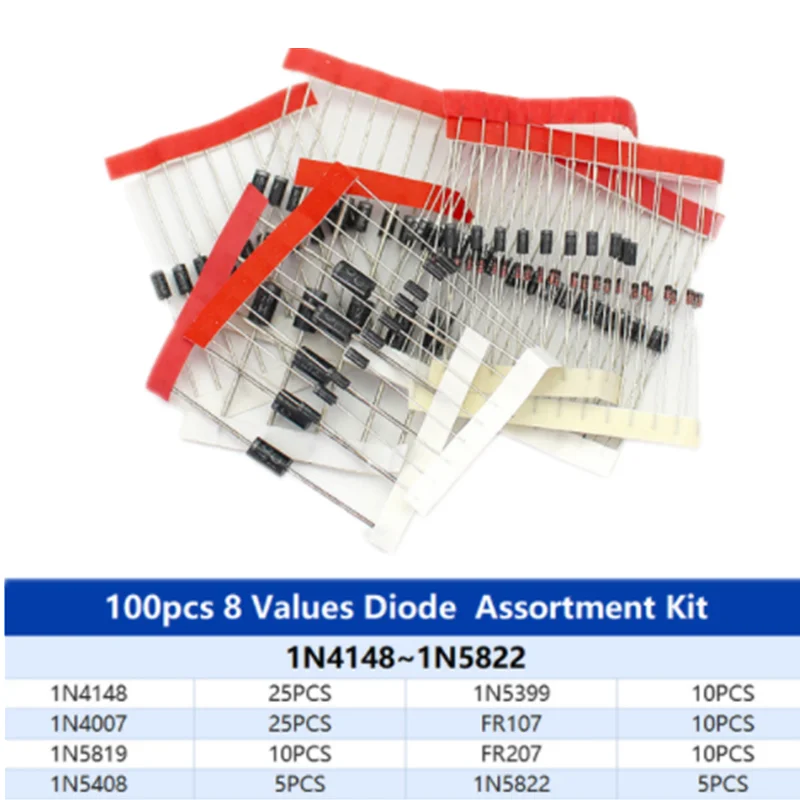 8values=100pcs Electronic Components Package Diode Assorted Kit 1N4148 1N4007 1N5819 1N5399 1N5408 1N5822 FR107 FR207 New