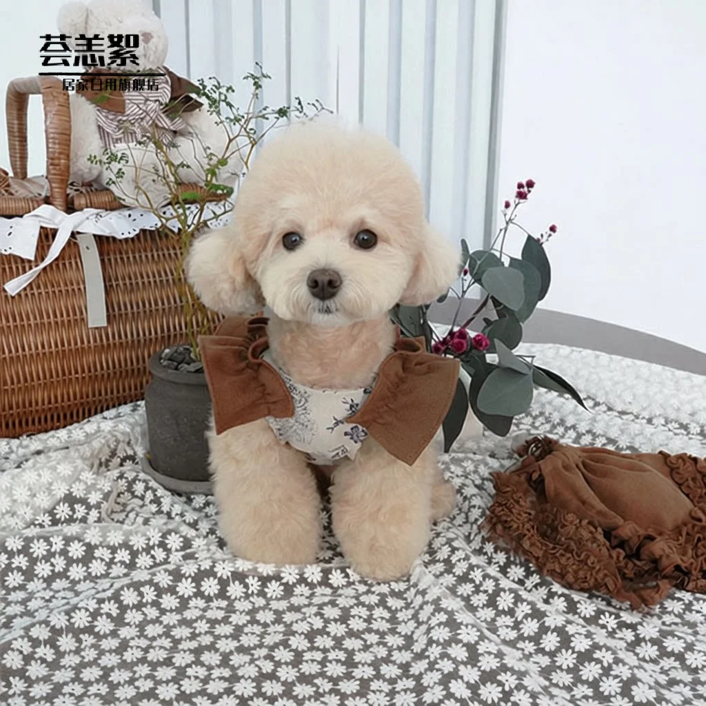 綿麻プリントのプリーツエッジ付きスカート、テディドッグ用ペット服、カジュアルスタイル、バイオレット柄の犬用スカート