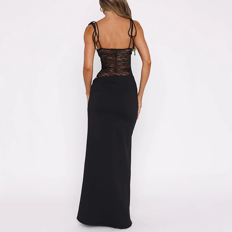 Robe longue de soirée en dentelle, sans manches, épissure, couleur unie, bretelles, élégante, moulante, Sexy, nouvelle collection printemps/été