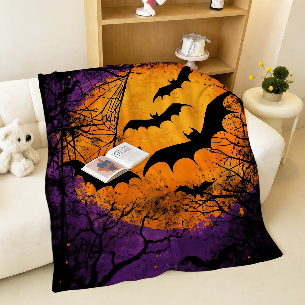 Retro Halloween Bat Pumpkin Cool Blanket Warm Soft Plush Blanket Sofa Living Room Nap Home Bedroom Travel Gift Flannel Pet Hogar