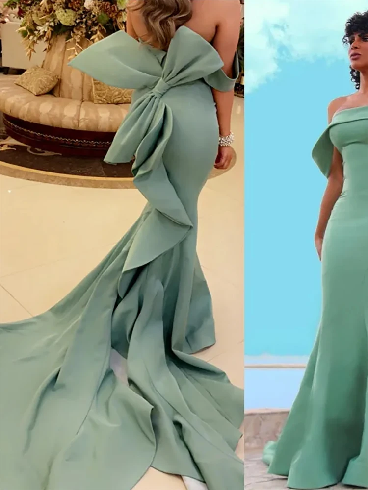 Elegant Mint Green Strapless Satin Mermaid Evening Dresses Bow Tie Back  Special Occasion Gowns Women Prom Party Wear Custom