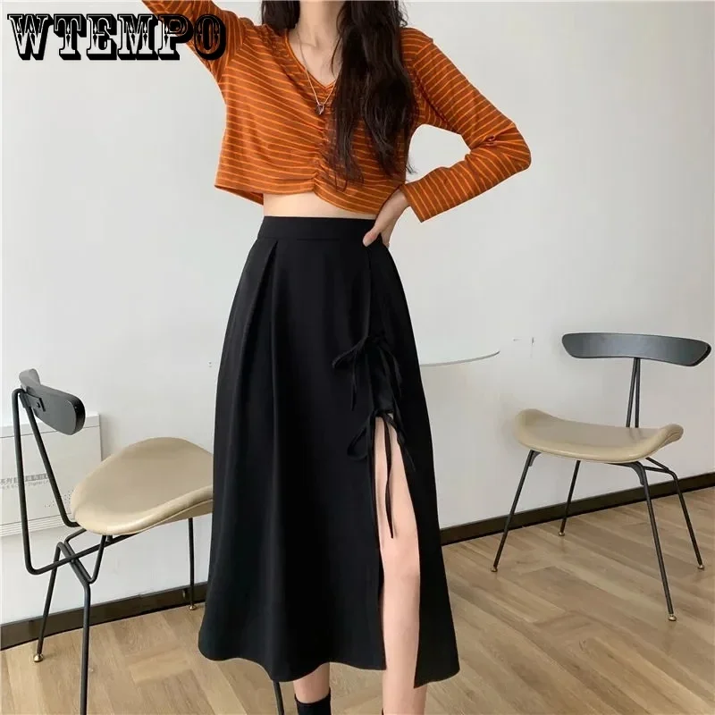 WTEMPO New Women Fashion Black Side Split Skirts Girls Summer Streetwear High Waist Mid-Calf Preppy Style Lace-up Pleated Skirts