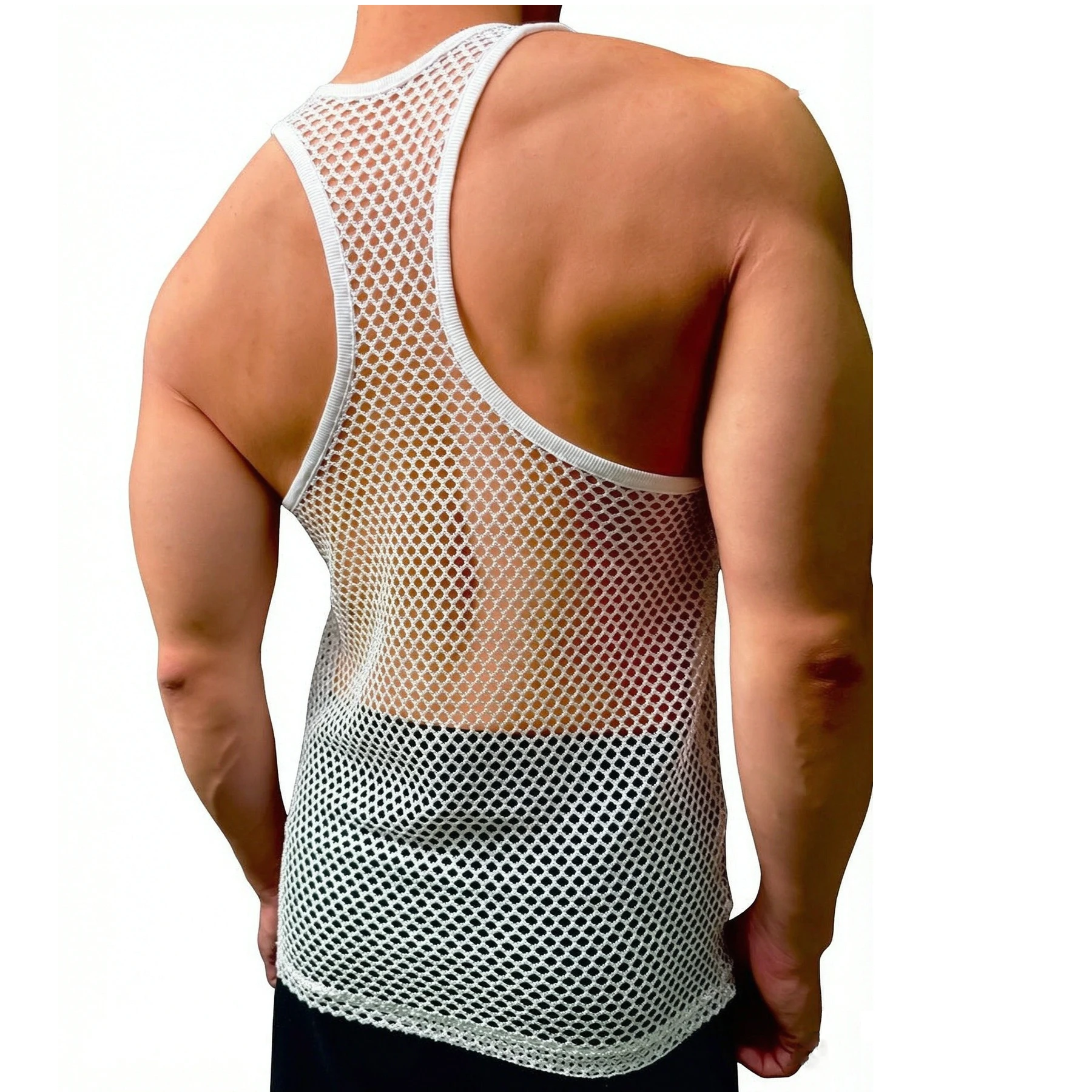 Men Fitness Tank Tops Summer Fishnet Sleeveless T-shirt Sports Racerback See-through Sexy Muscle Vest Breathable Mesh Tops