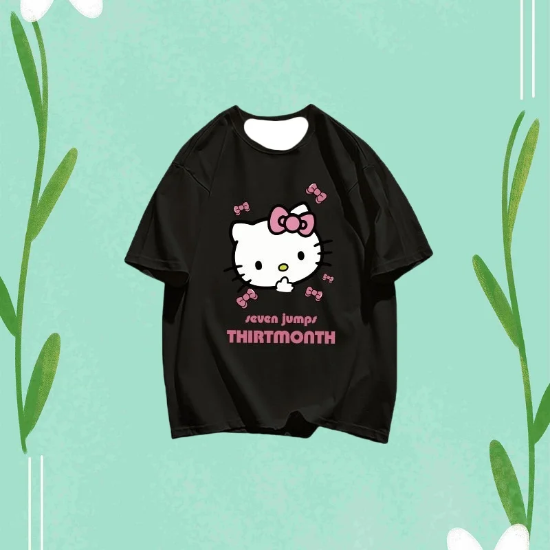 

Футболка MOTO-Hello Kitty для взрослых с принтом американского сердца Harajuku, повседневный модный топ с короткими рукавами, размер для взрослых