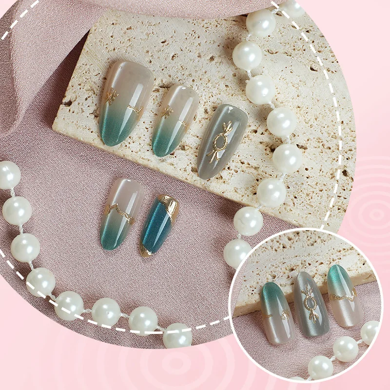 

24PCS False Nails Whitening Emerald Gemstone Press on Nails High Quality Japanese Celadon Green Vintag Fake Nails with Glue 네일팁