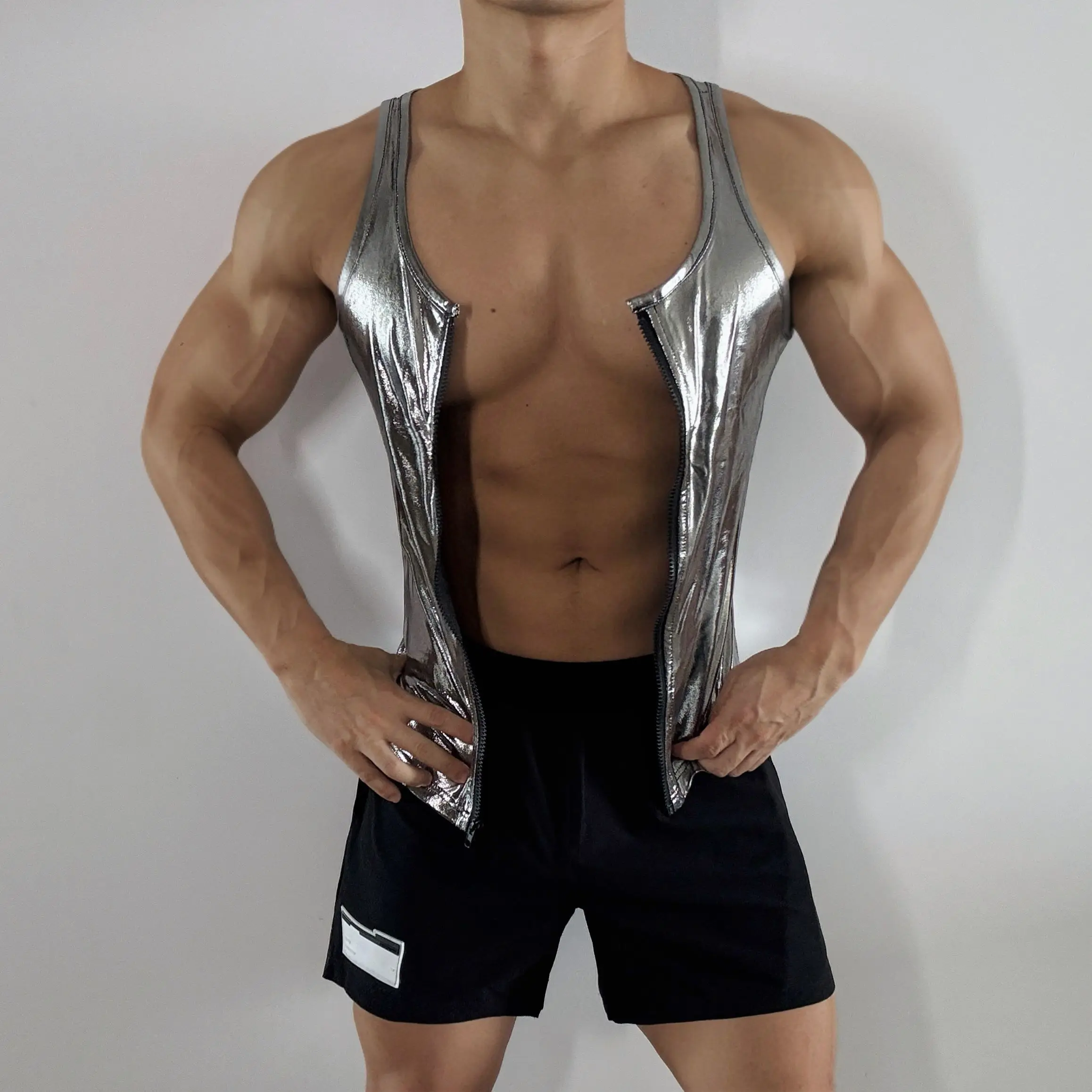 Estilo técnico prata pólo dança topo muscular homem gogo dançarino traje masculino jazz dança colete bar boate ds dj rave outfit xs9658