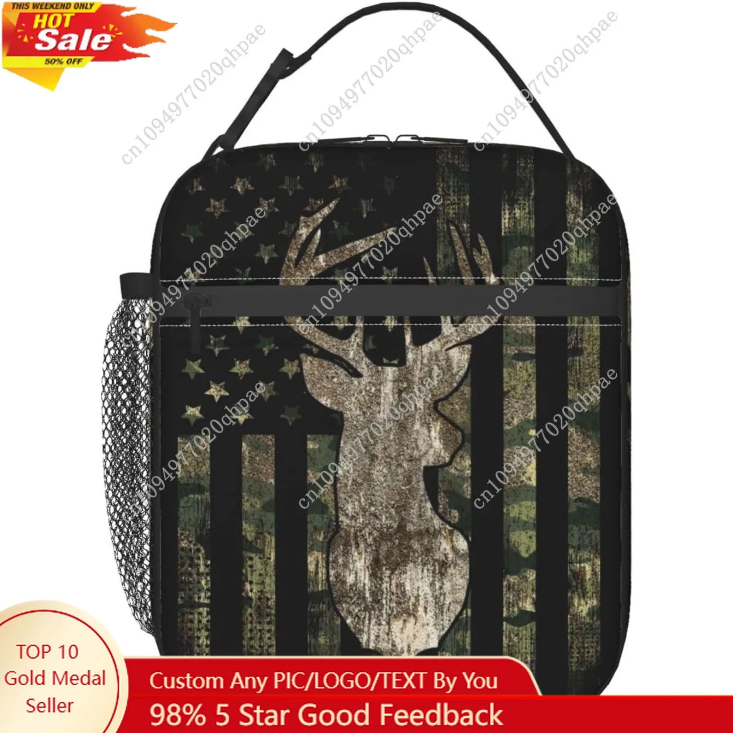 

YETTA YANG Camouflage Hunting Tactical Deer Camo American Flag Portable Lunch Bag Insulated Lunch Box Reusable Totes For Women M