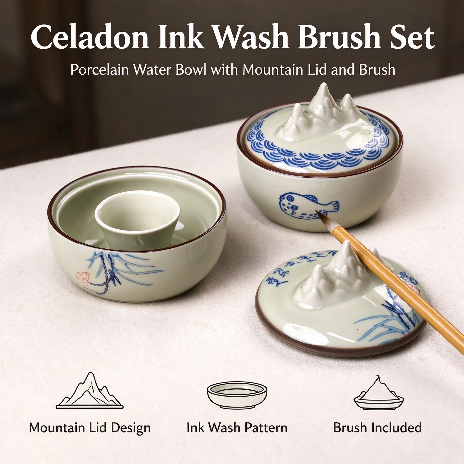 Hot Pot Ink Stone Ceramic Covered Ink Dish Moisture Retaining Ink Tray For Chinese Calligraphy Brush Art Decor Craft Gift