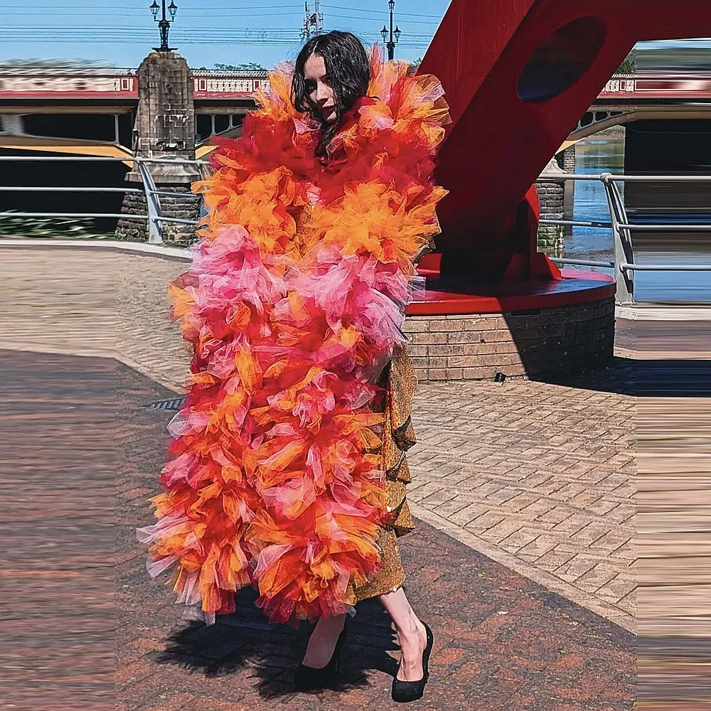 

Colorful Tulle Women Cloak For Phototshoots Long Birthday Coat Bridal Tops Morning Wear To Match Costumes For Stage