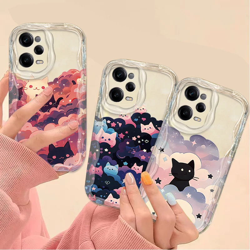 Dreamy Cloud Cat 3D Wave Case para Xiaomi Redmi Note 13 12 11 Pro Plus 4G 5G 12S 11S 10 10S 9 9S 8 13C 12C 10C Turbo 3 contraportada