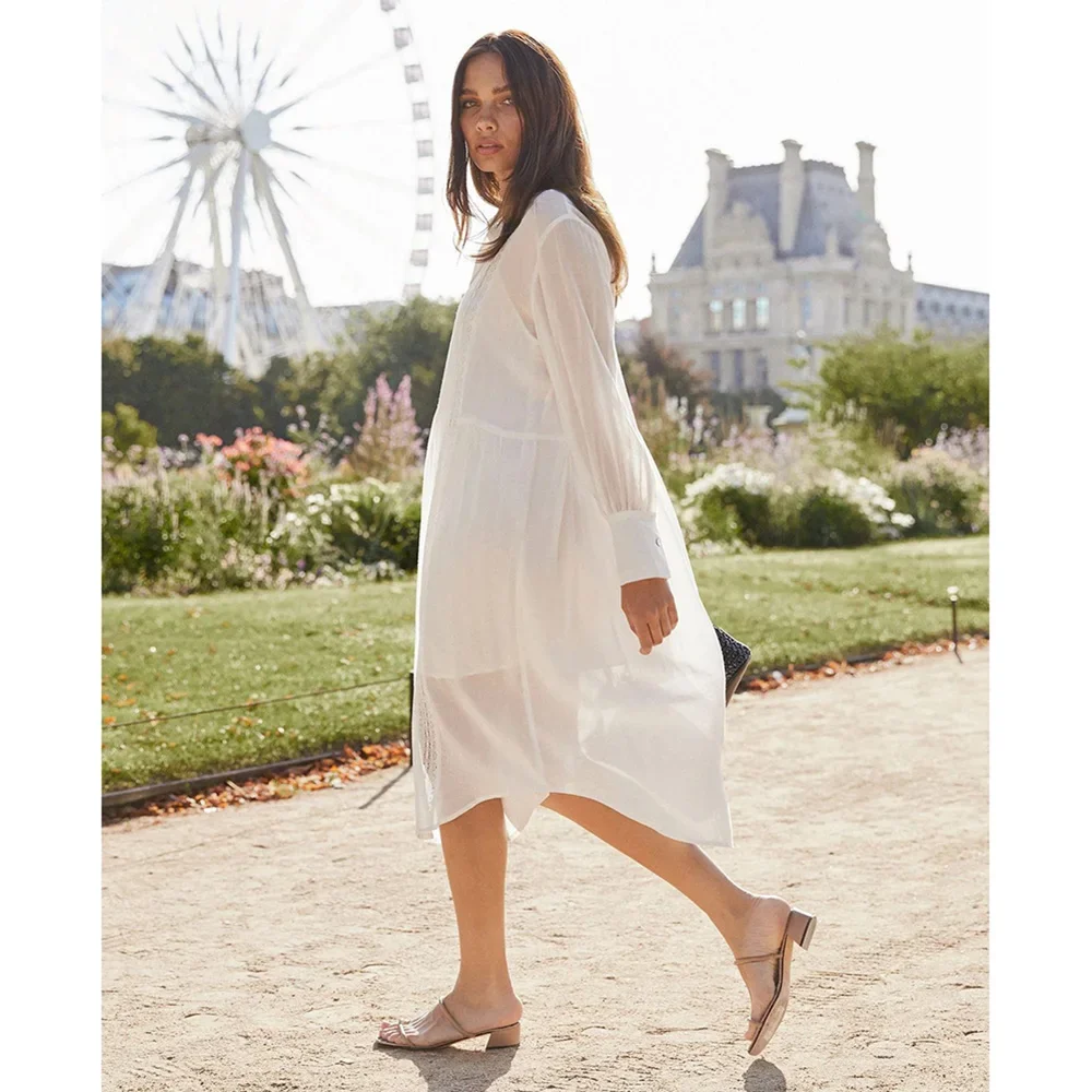 Bikini Cover-Ups Elegant Hollow Out Deep V-neck Summer Beach Dress White Cotton Tunic Women Beach Wear Swim Suit Cover Up