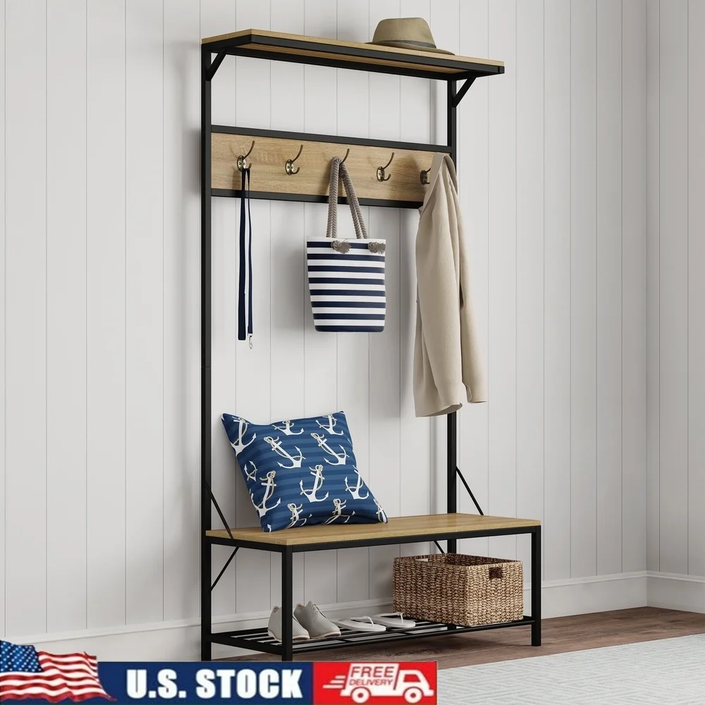 

Entryway Bench with Coat Rack Shoe Storage Organizer Hooks Top Shelf Durable Iron Frame Woodgrain Finish Hallway Mudroom