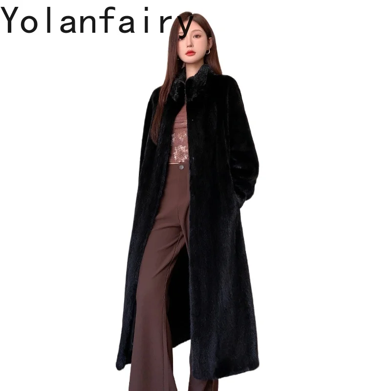 YOLANFAIRY معطف فرو طبيعي فاخر سترات منك للنساء شتاء 2025 معاطف فرو أسود حقيقي متوسط الطول من المينك الكامل بياقة واقفة