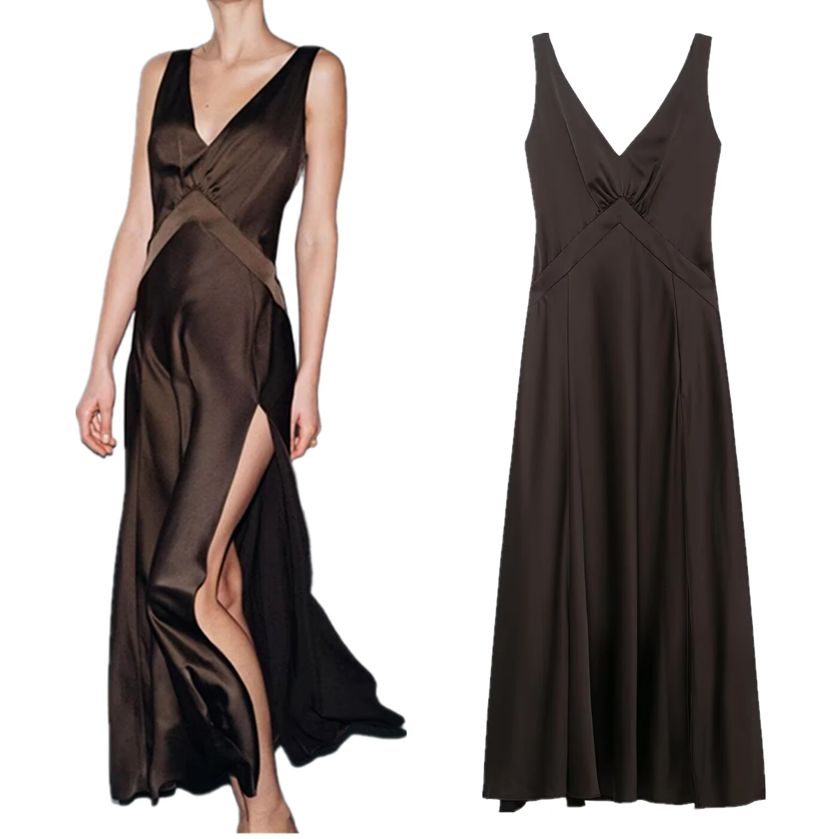 Jenny&Dave Caffè Francese Elegante Vestito Da Partito Minimalista In Raso Splicing Elegante Midi Vestito Dal Carro Armato Della Signora di Modo Delle Donne Abiti