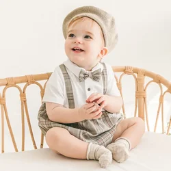 ICJAEHAO Summer Spanish Boy Clothes Romper Infant Toddler Boys Girl Plaid Overall Short Sleeve Infant top and bottom clothes set