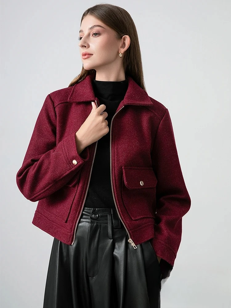 

Autumn New Bordeaux Loose Jakcet Women Zipper Pockets Short Coats Fashion Elegant Bomer Jackets Female Elegant Outwears