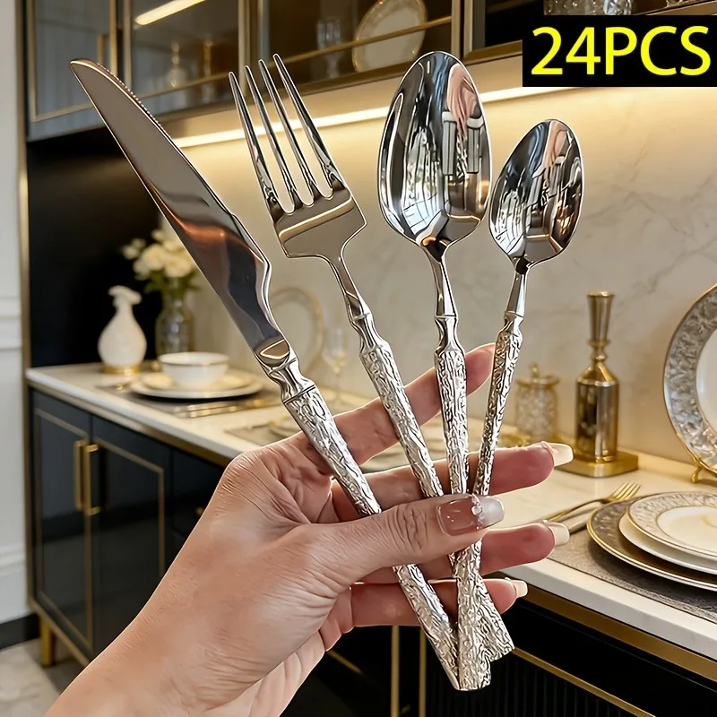 24Pcs Stainless Steel Cutlery Set Tree Pattern Handle Flatware Set Knife Fork Spoon Dinnerware for Home Wedding Restaurant
